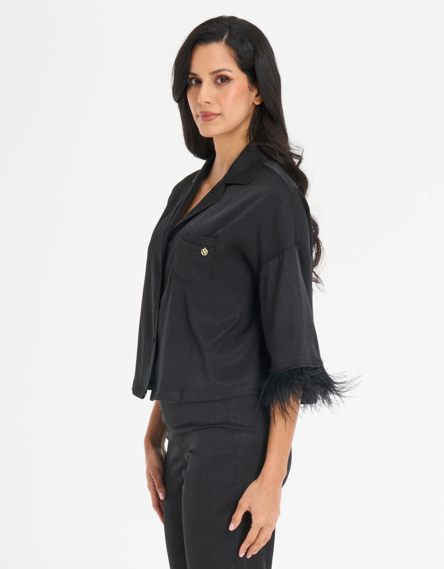 Feather-Trim Satin Pajama Set