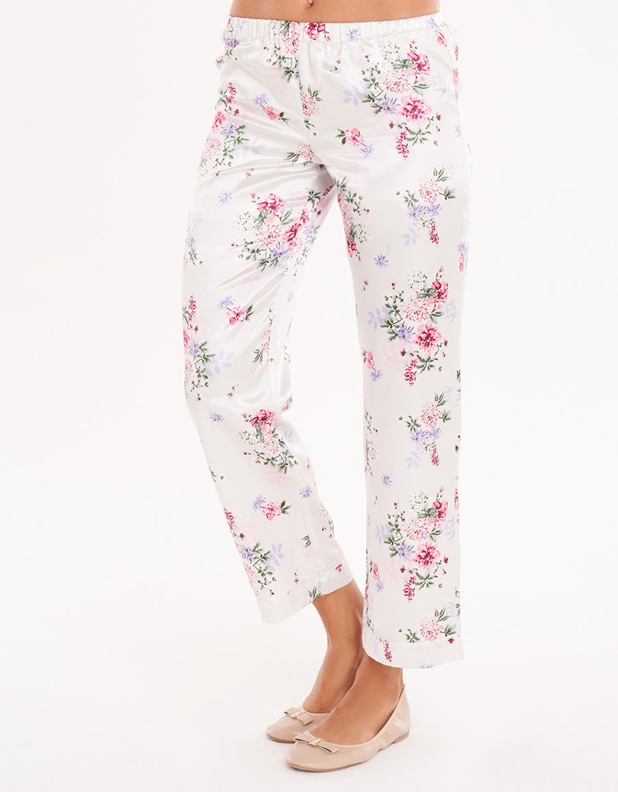 Floral Satin Short-Sleeve Long Pajama Set