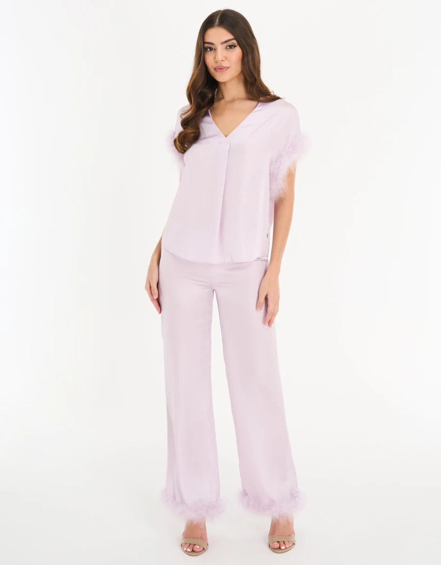 Feather-Trim Satin Pajama Set