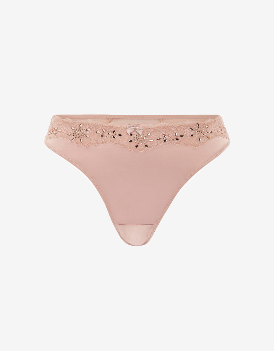 Sparkle Lace-Trim Satin Thong Panty
