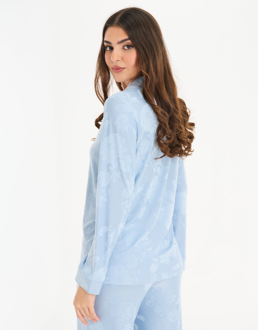 Jersey Long-Sleeve Shirt with Pants Pajama Set in Light Blue