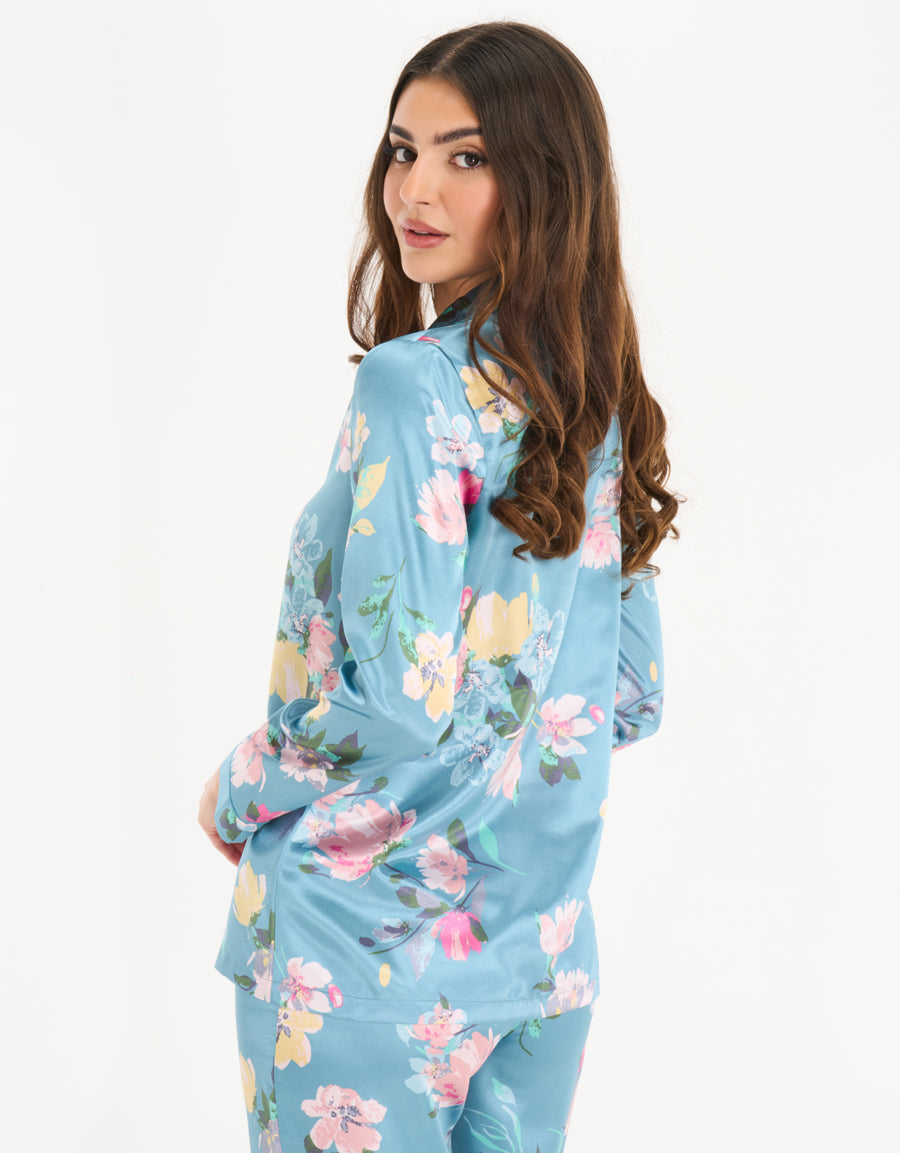 Satin Long-Sleeve Shirt with Pants Pajama Set in Blue