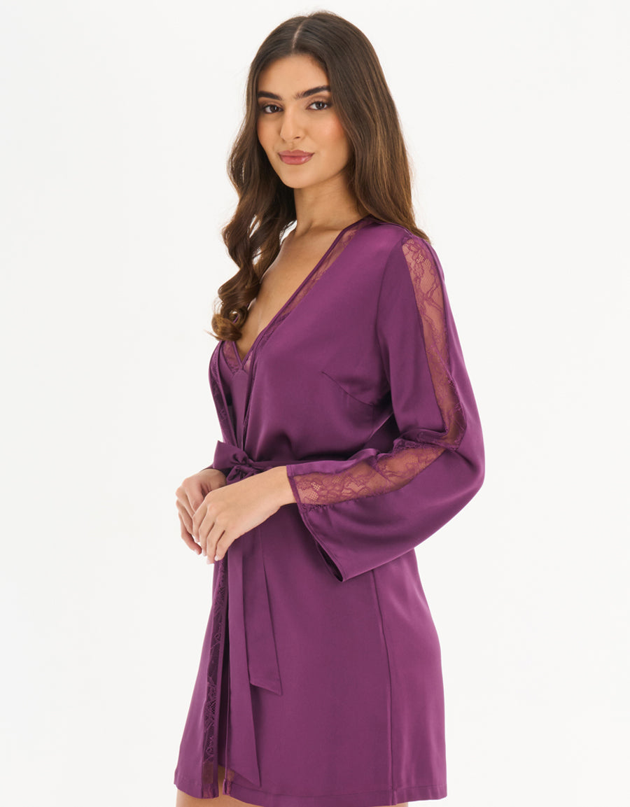 Satin Short Nightdress and Robe in Dark Purple