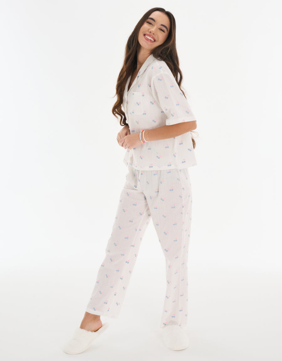Cotton Midi-Sleeve Shirt with Pants Pajama Set in White