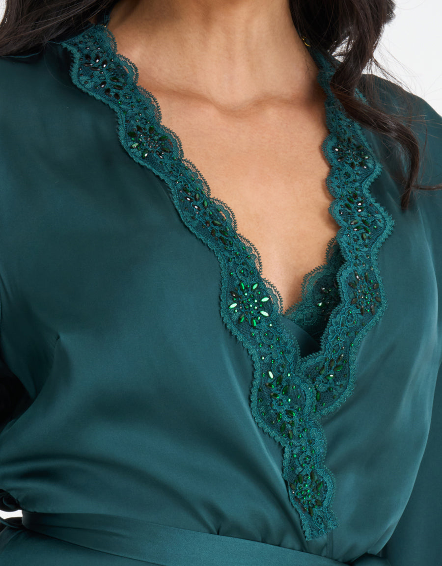 Lace-Trim Satin Short Robe