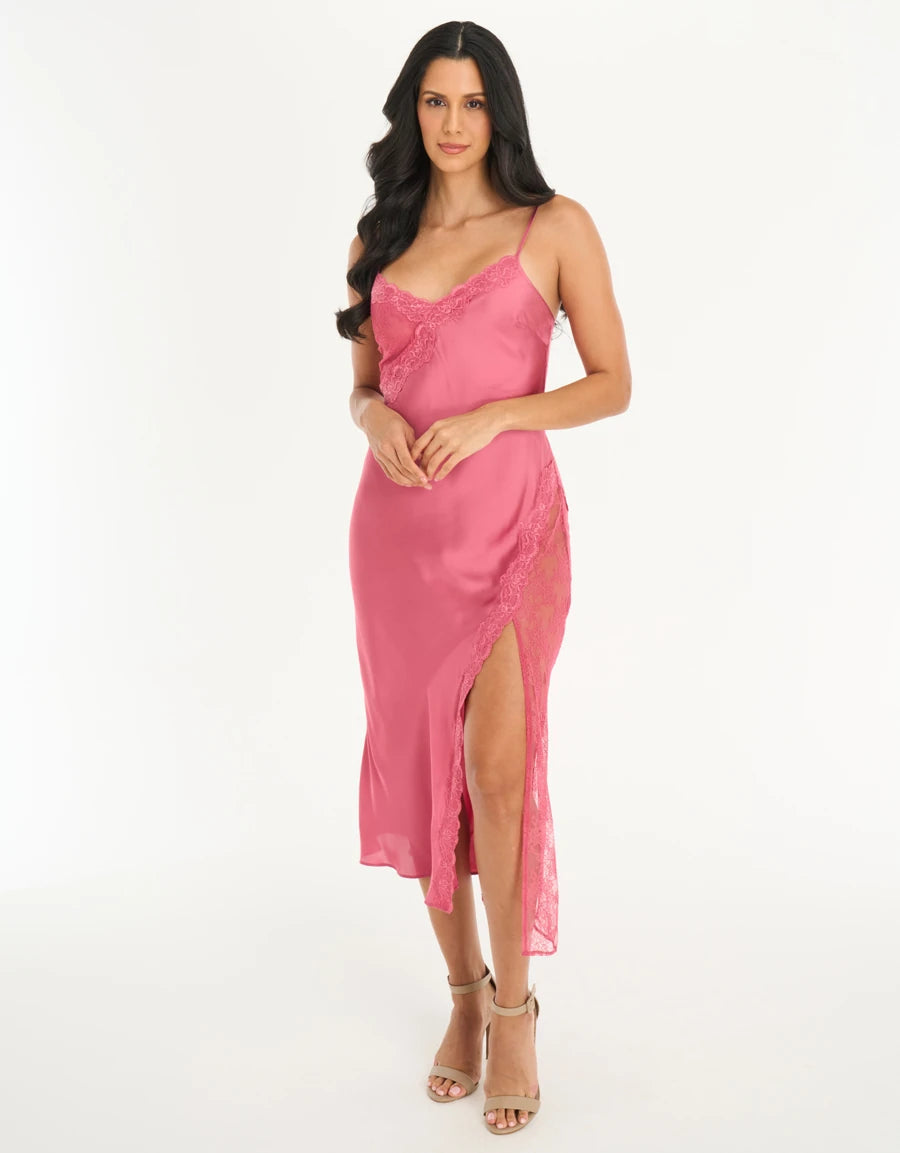 Lace-Trim Satin Long Nightdress