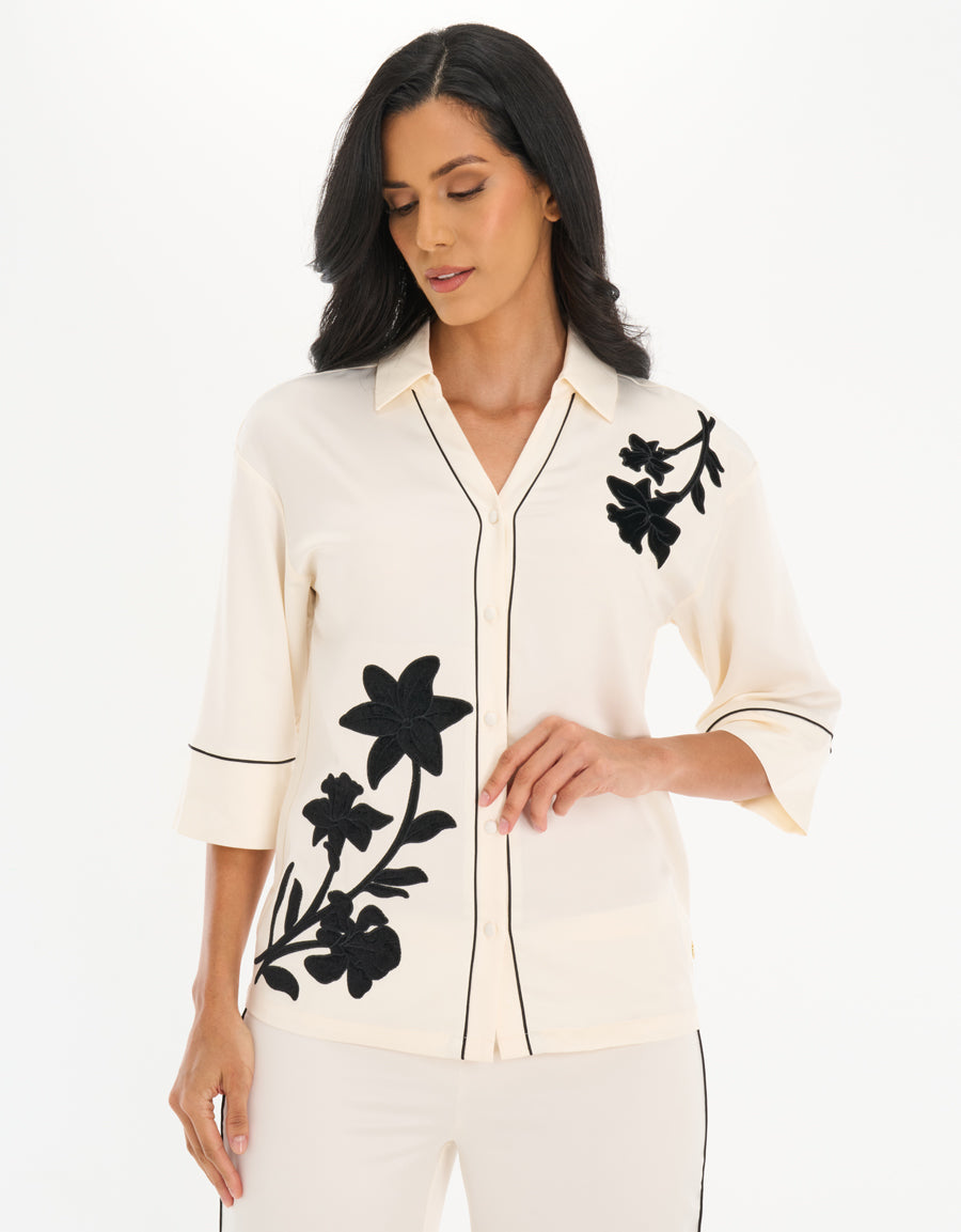 Satin Midi-Sleeve Shirt with Pants Pajama Set in Cream