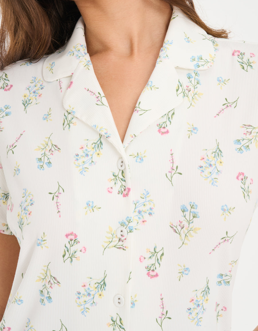 Ribbed Short-Sleeve Shirt with Pants Pajama Set in White