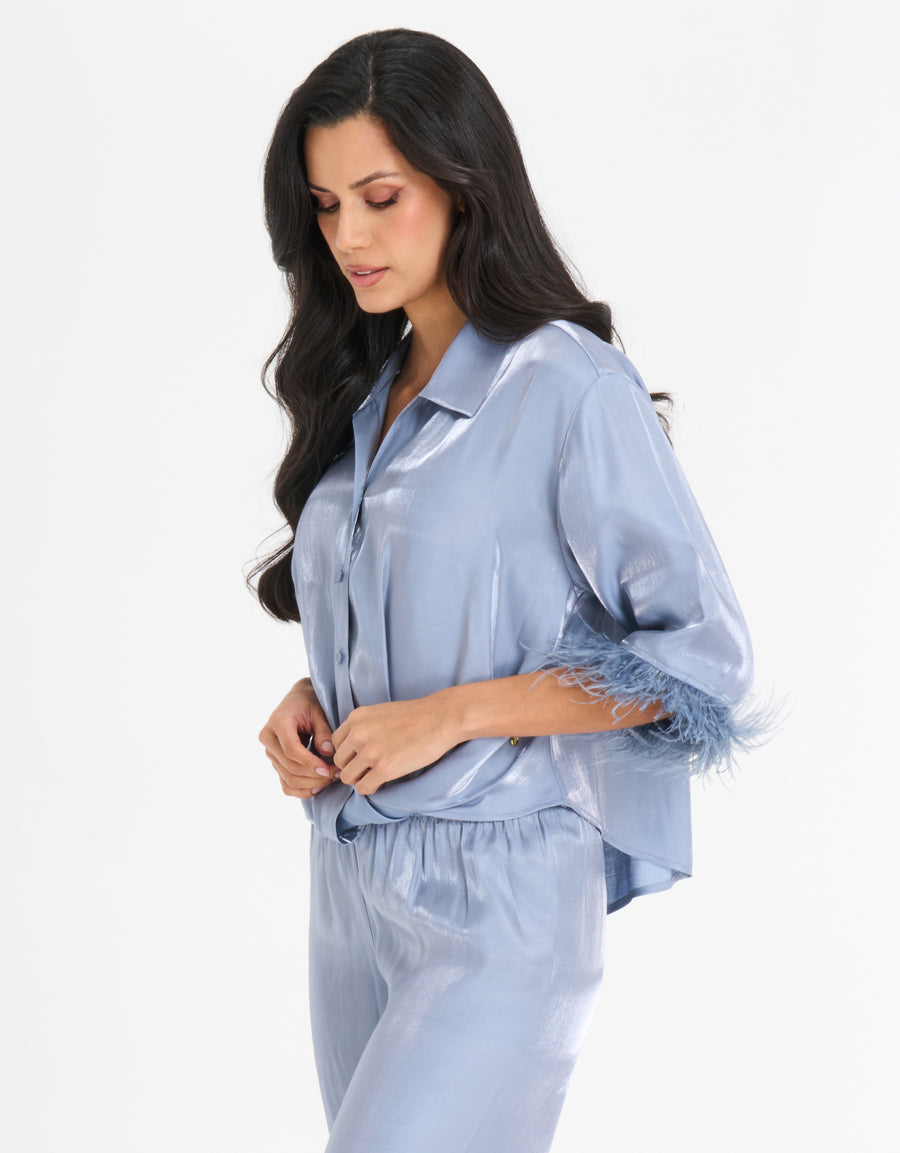 Feather-Trim Satin Pajama Set