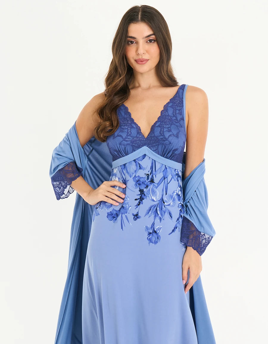 Lace-Trim Floral Print Long Nightdress