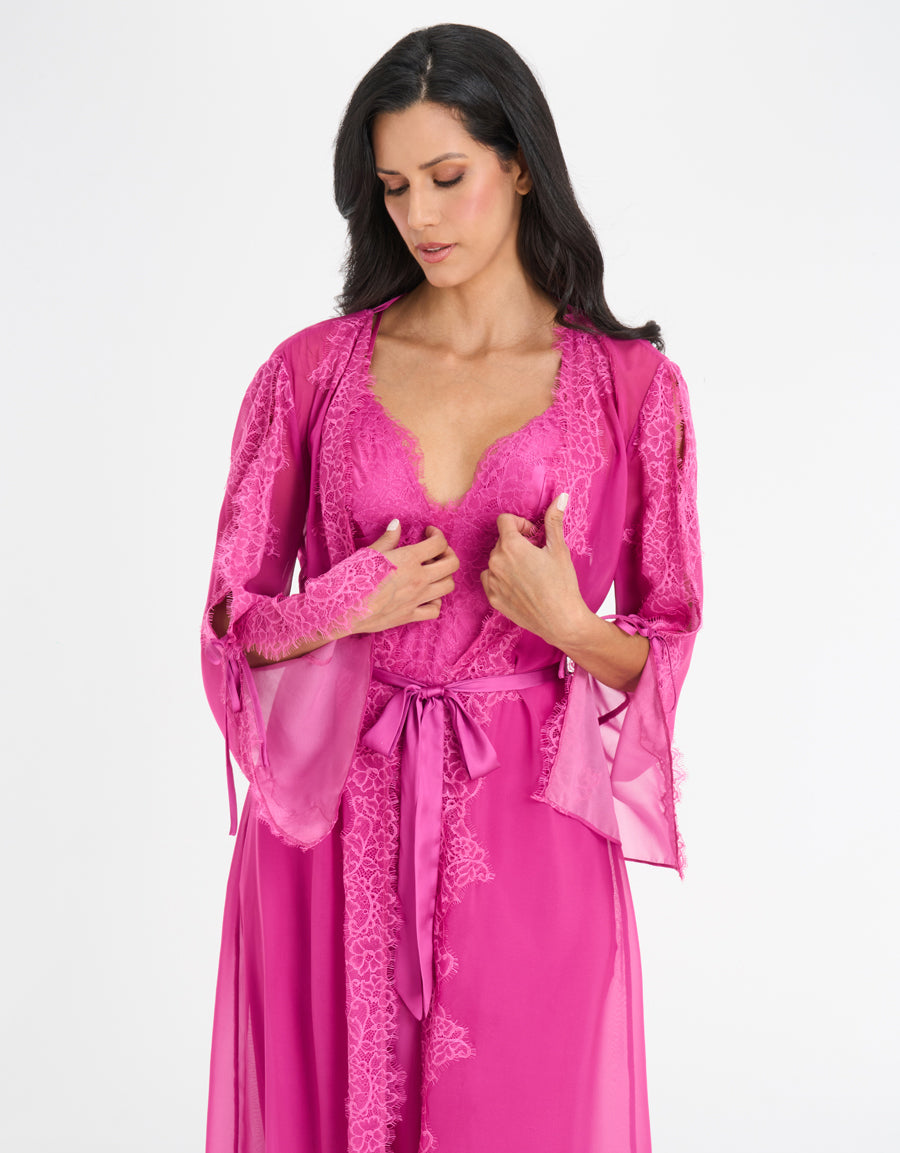 Lace-Trim Sheer Chiffon Long Robe
