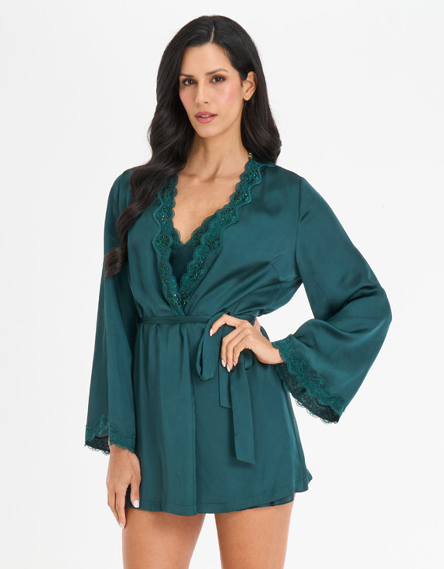 Lace-Trim Satin Short Robe