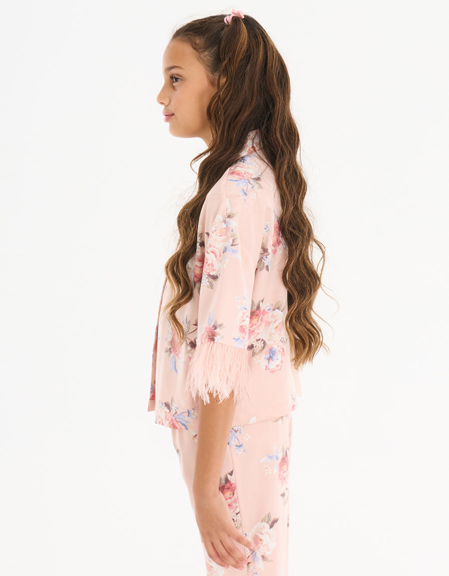 Feather Trim Short Sleeve Pajama Set