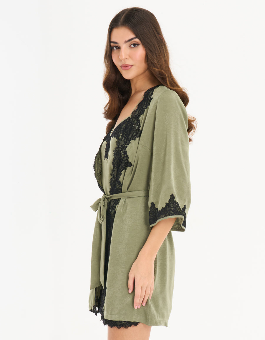 Satin Short Nightdress and Robe in Dark Green