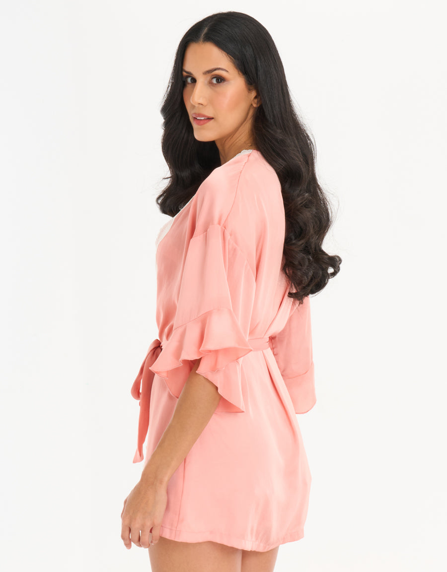 Satin Short Robe in Coral
