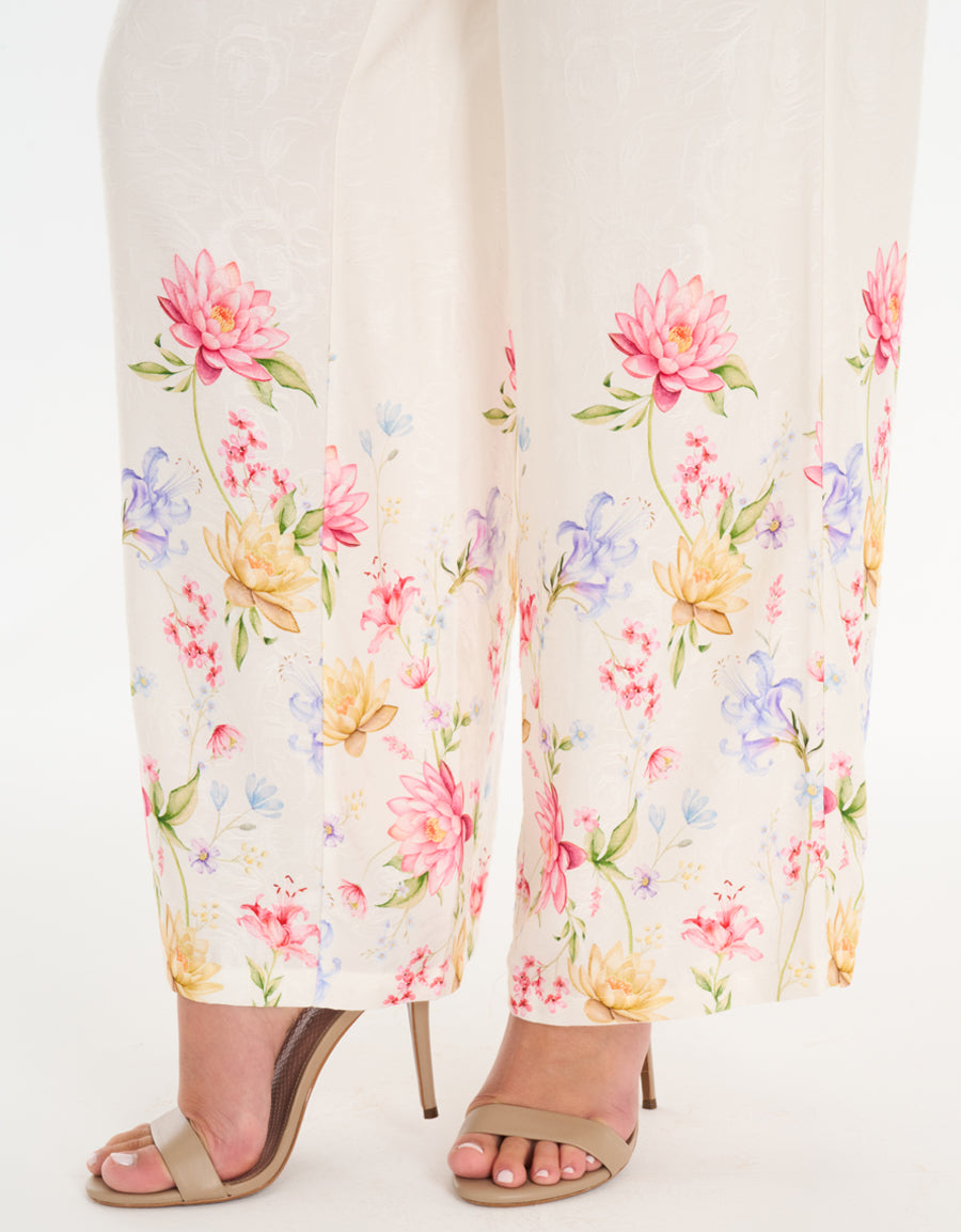 Midi-Sleeve Shirt with Pants Pajama Set in Cream
