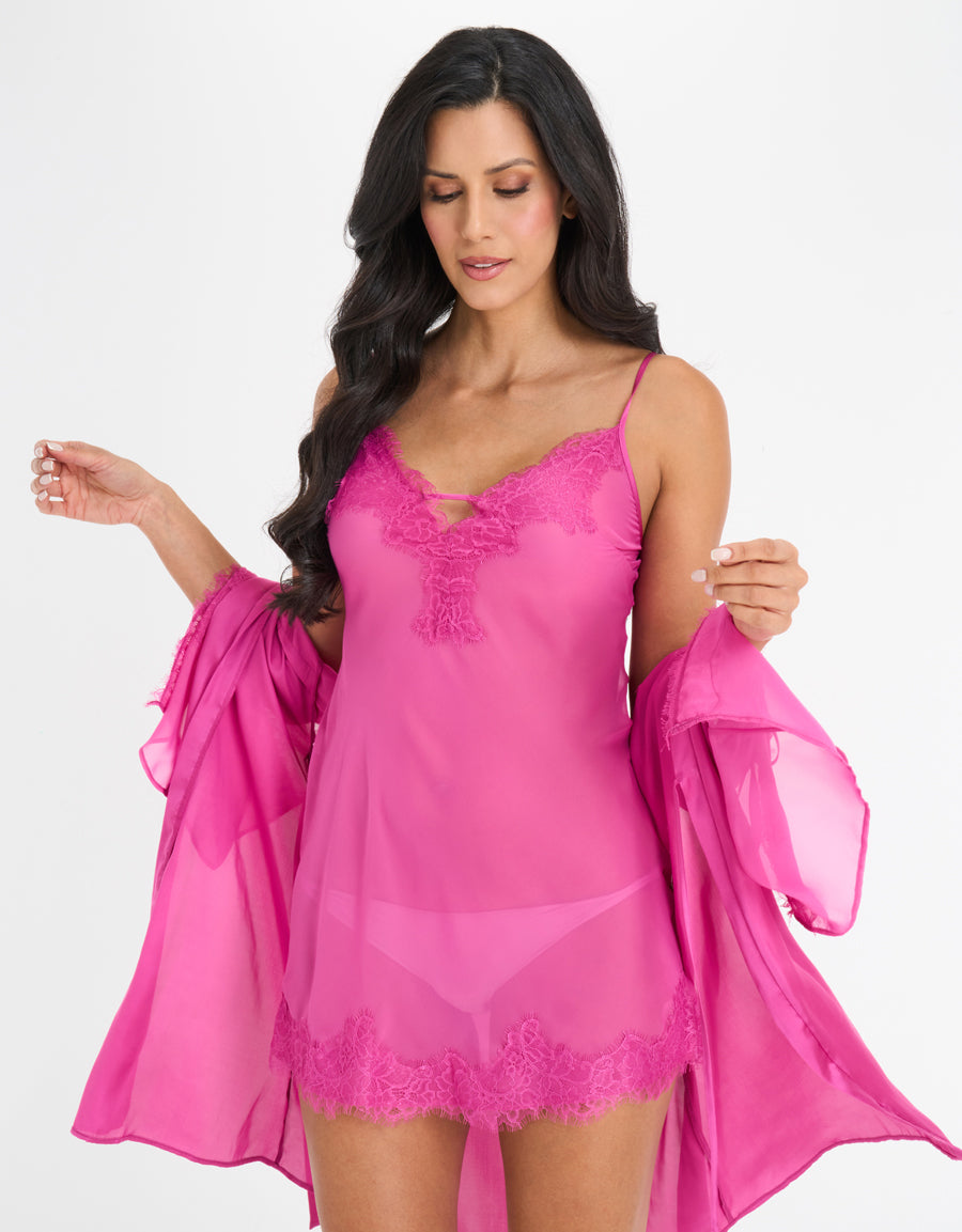 Lace-Trim Satin Short Dress and Robe Set