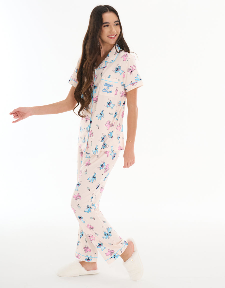 Short-Sleeve Shirt with Pants Pajama Set in Light Pink