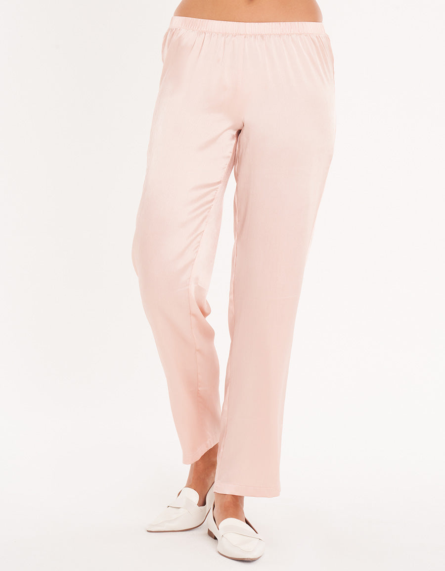 Satin Cream Short-Sleeve Long Pink Pajama Set