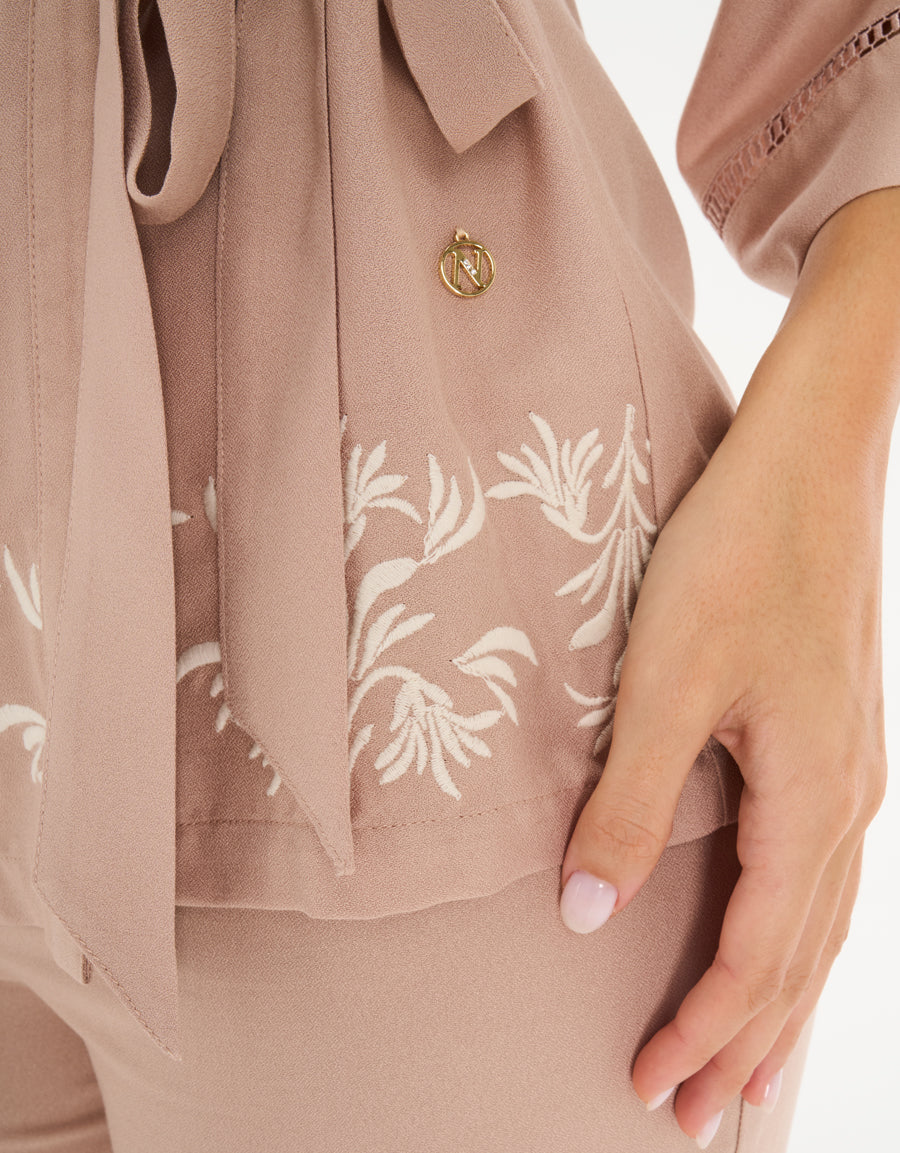 Long-Sleeve Shirt with Pants Pajama Set in Nude