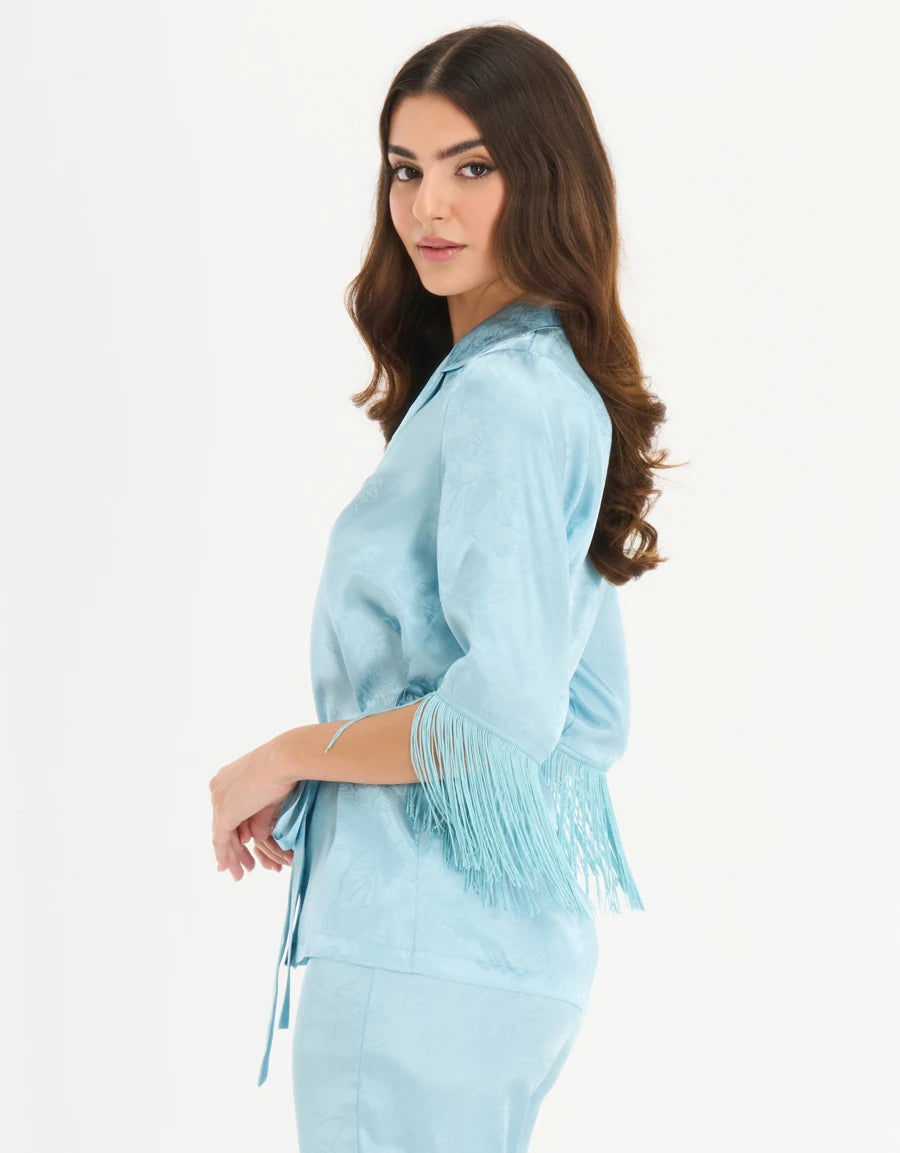 Fringe-Trim Jacquard Satin Pajama Set