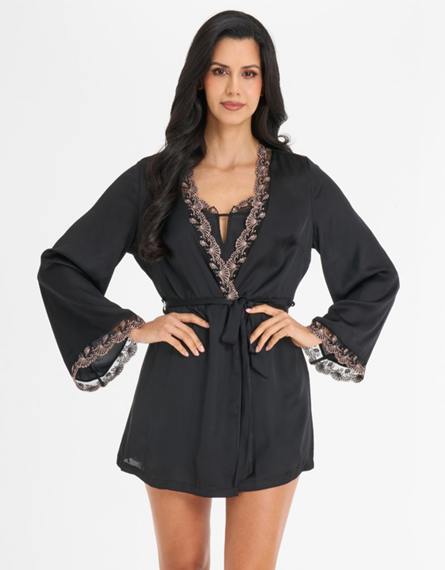 Lace-Trim Satin Short Robe