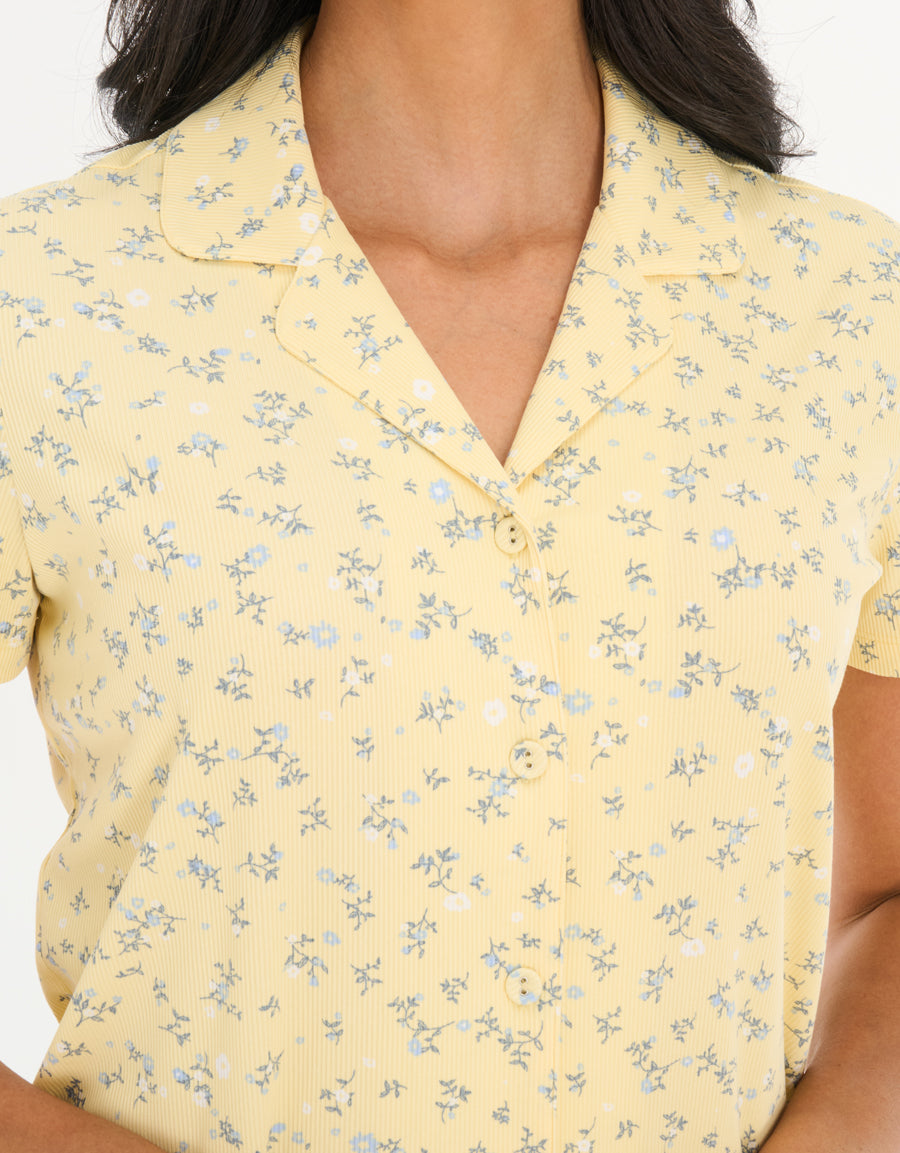 Ribbed Short-Sleeve Shirt with Pants Pajama Set Mother in Light Yellow