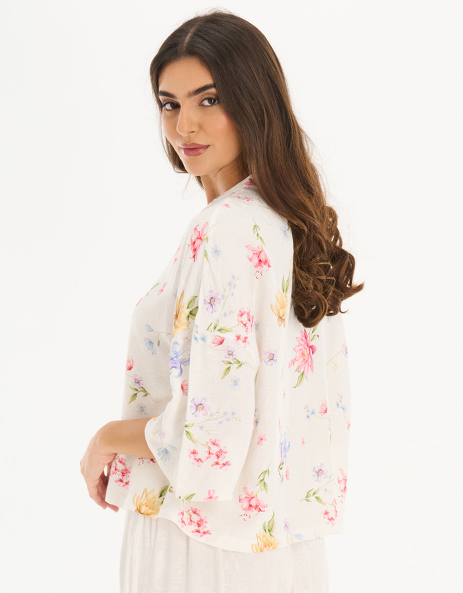 Midi-Sleeve Shirt with Pants Pajama Set in Cream