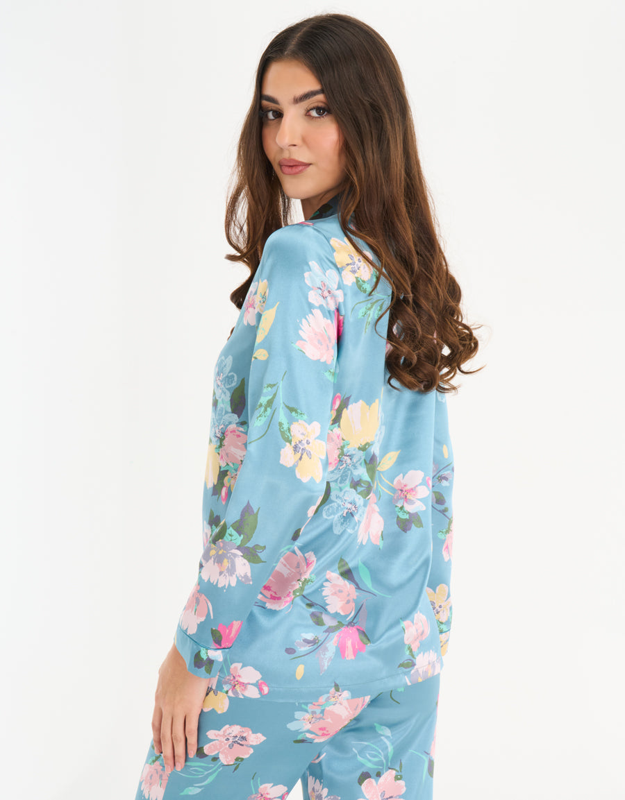 Satin Long-Sleeve Shirt with Pants Pajama Set in Blue
