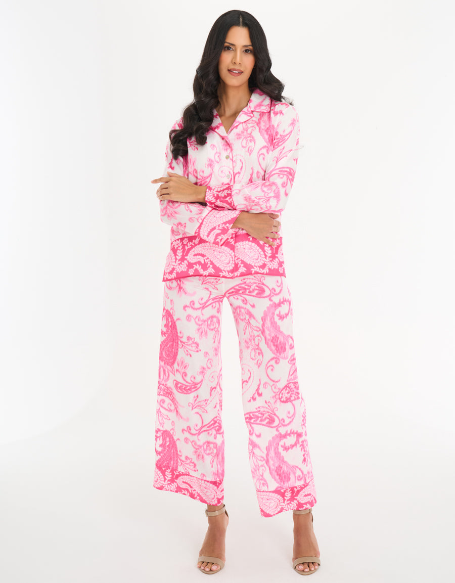 Satin Long-Sleeve Shirt with Pants Pajama Set in White