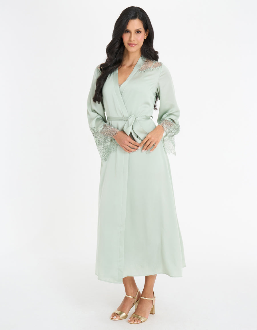 Lace-Trim Satin Long Robe