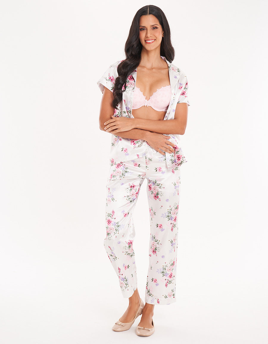 Floral Satin Short-Sleeve Long Pajama Set