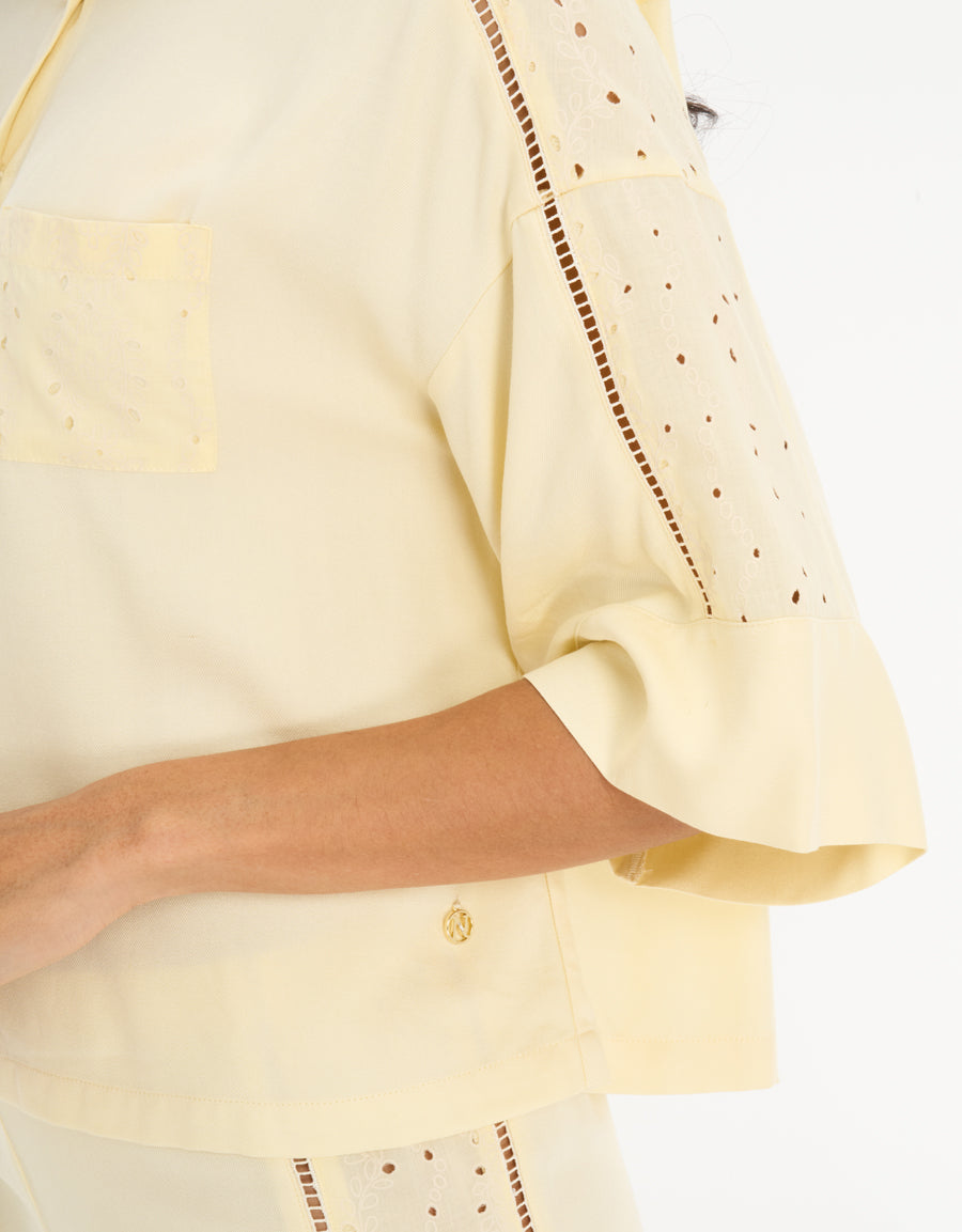Midi-Sleeve Shirt with Pants Pajama Set in Yellow