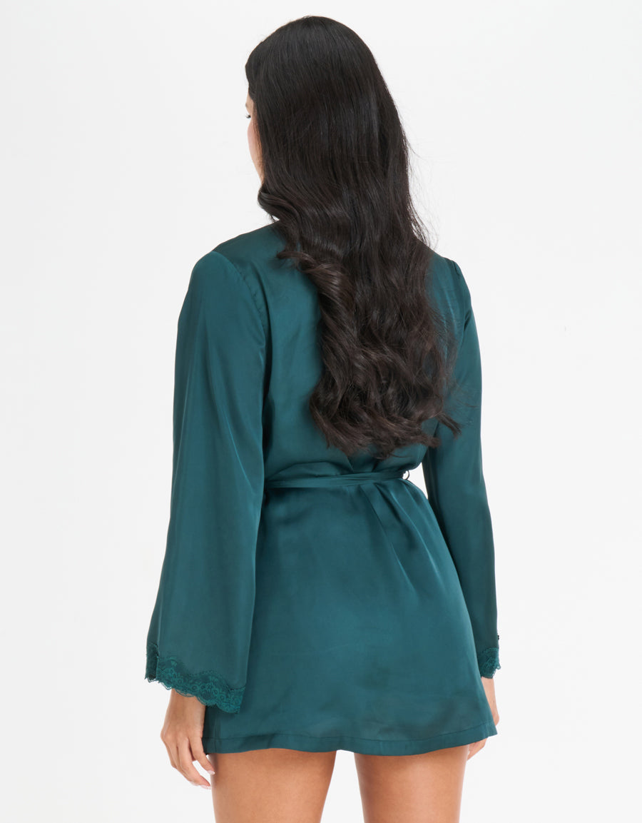 Lace-Trim Satin Short Robe