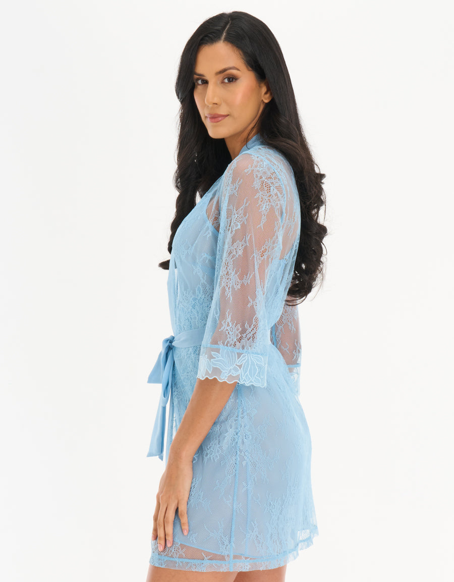 Lace Short Nightdress and Robe in Blue