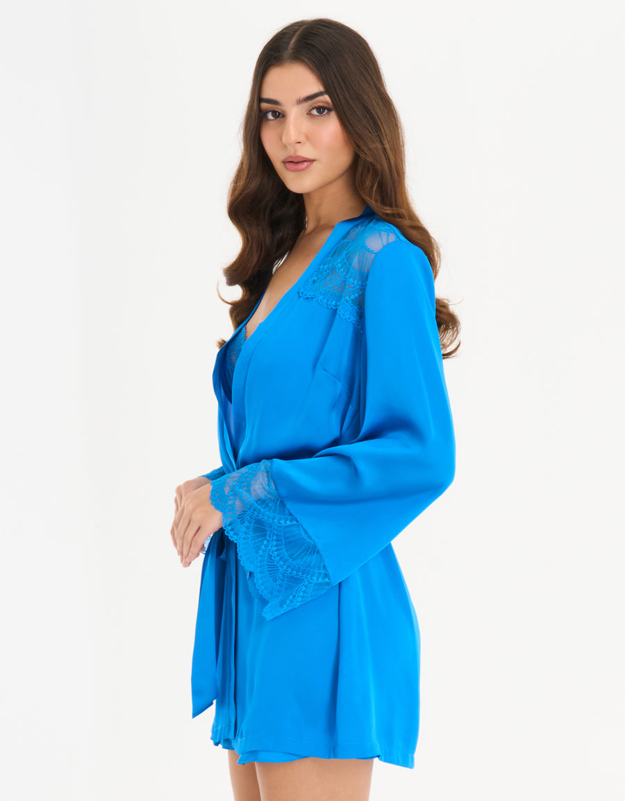 Satin Short Robe in Blue