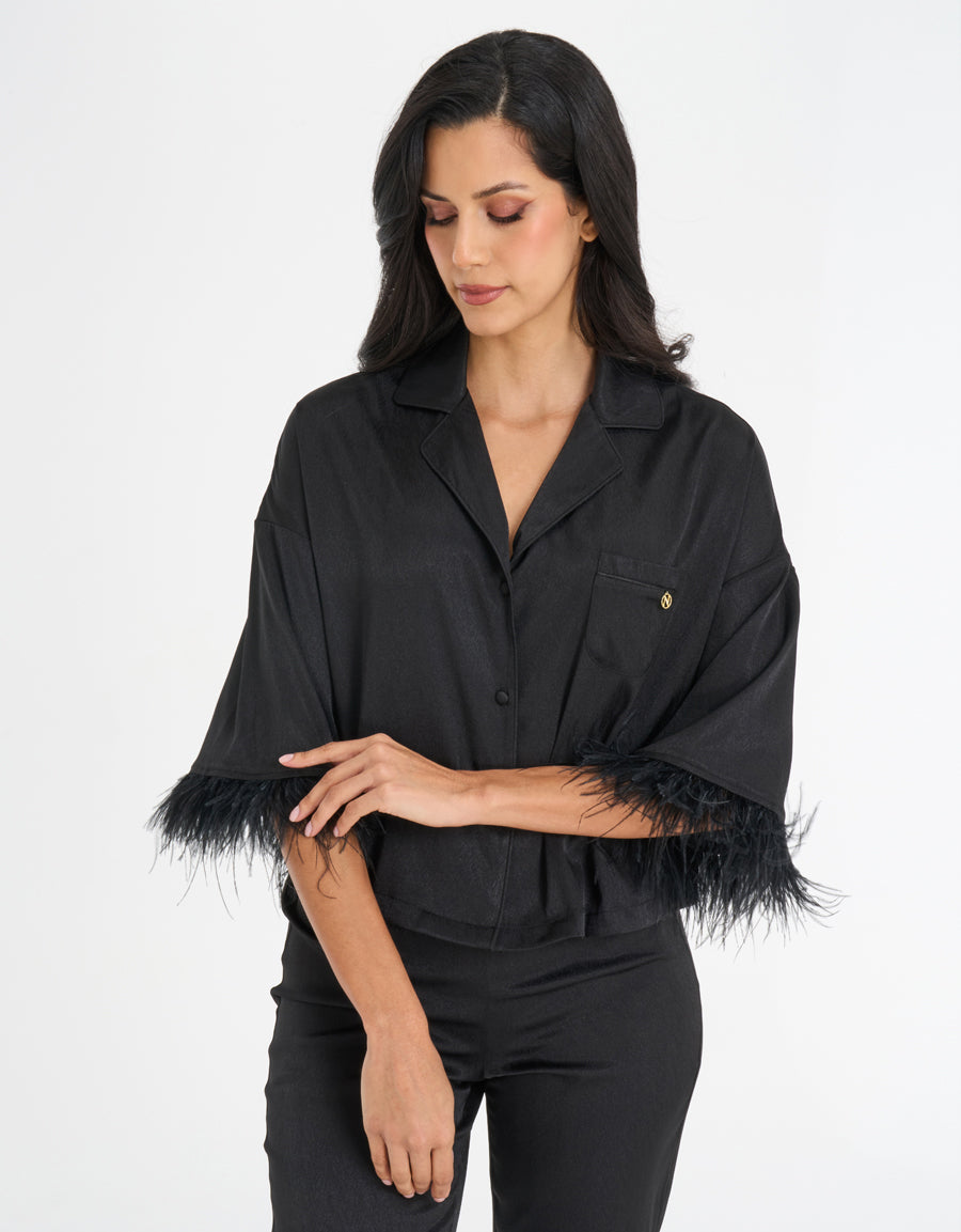 Feather-Trim Satin Pajama Set