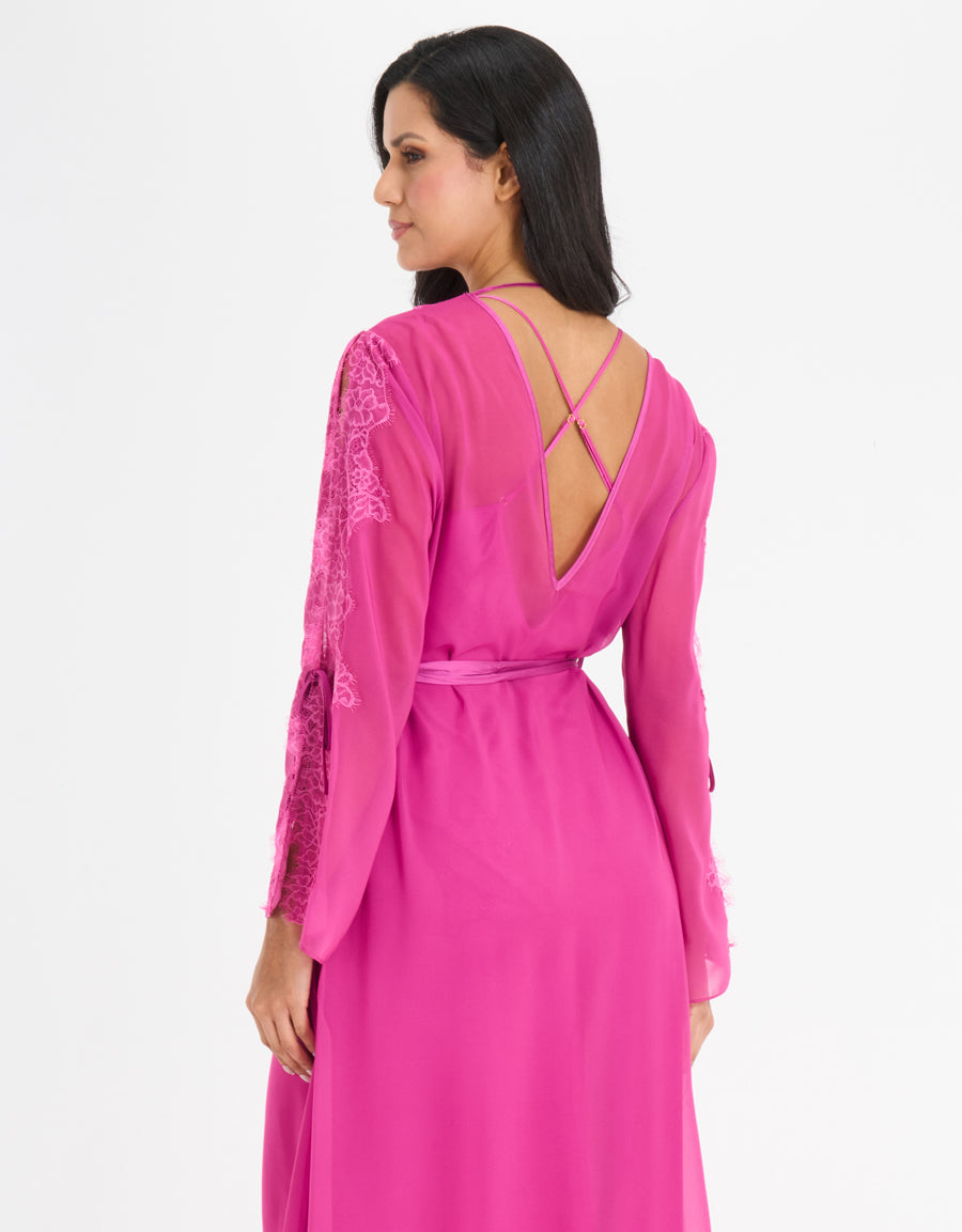 Lace-Trim Sheer Chiffon Long Robe
