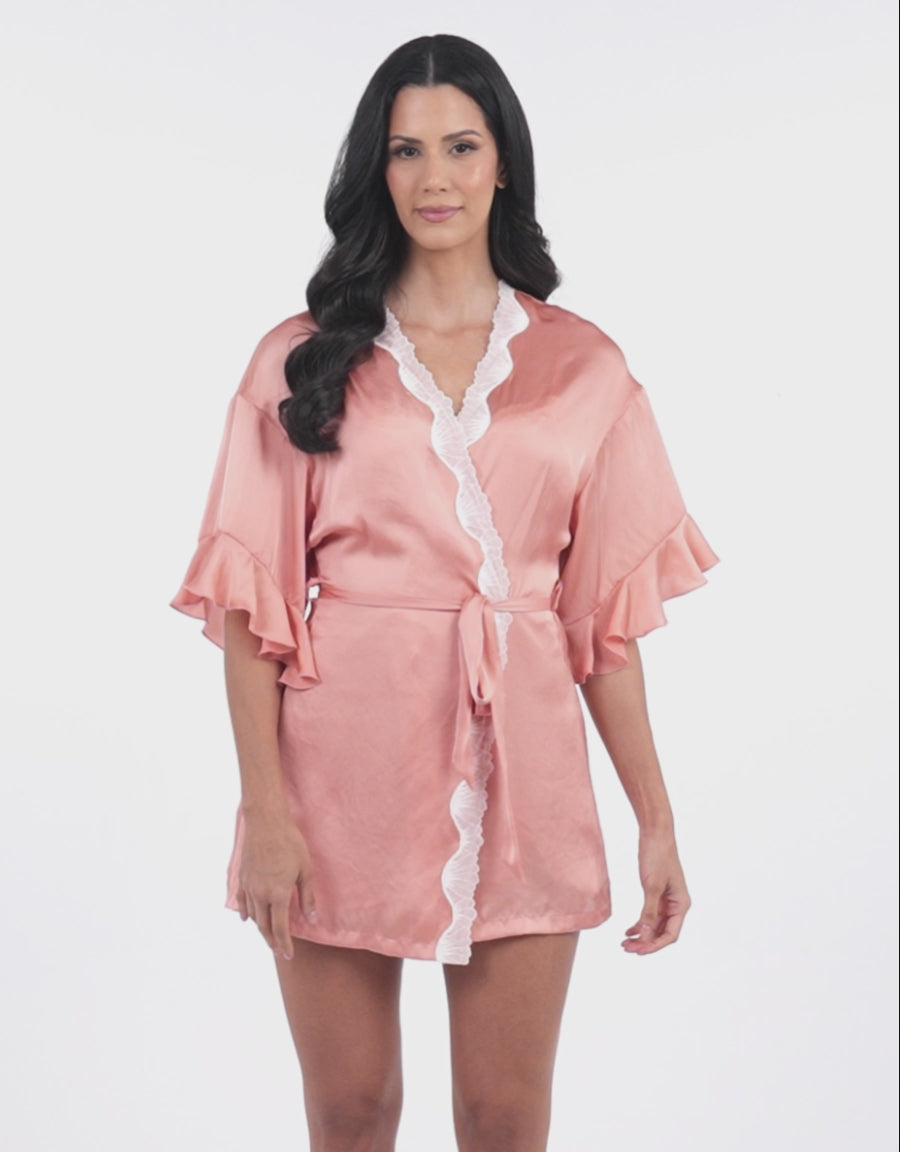 Satin Short Robe in Coral