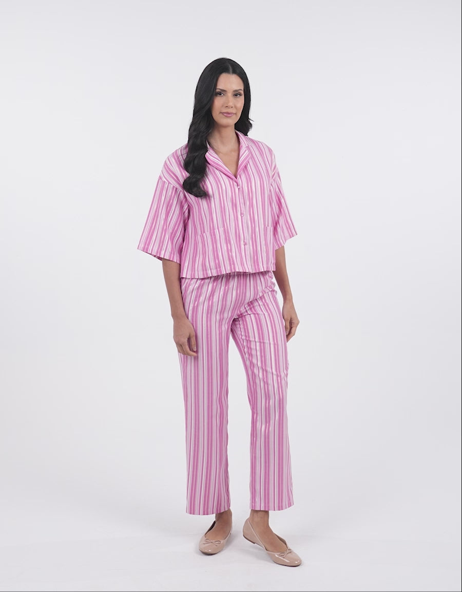 Midi-Sleeve Shirt with Pants Pajama Set in Fuchsia