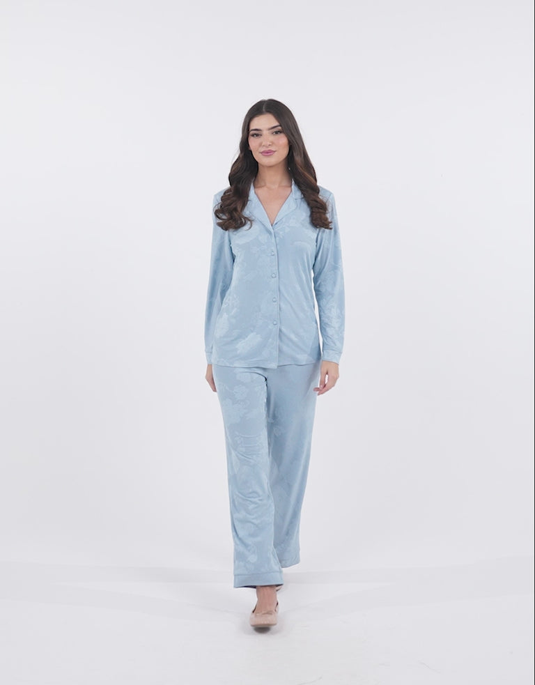 Jersey Long-Sleeve Shirt with Pants Pajama Set in Light Blue