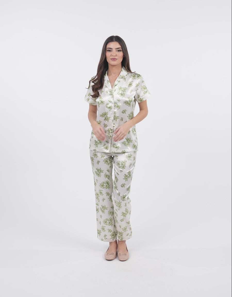 Satin Short-Sleeve Shirt with Pants Pajama Set in Cream