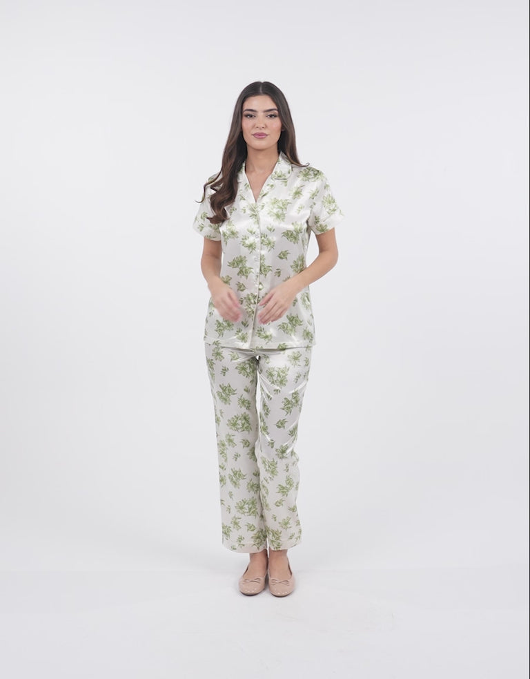 Satin Short-Sleeve Shirt with Pants Pajama Set in Cream