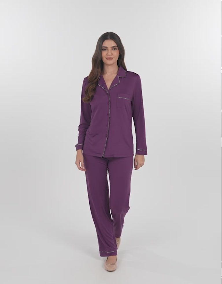 Ribbon-Trim Leopard Print Pajama Set