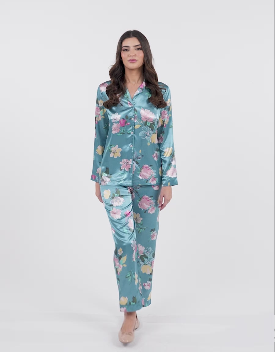 Satin Long-Sleeve Shirt with Pants Pajama Set in Blue
