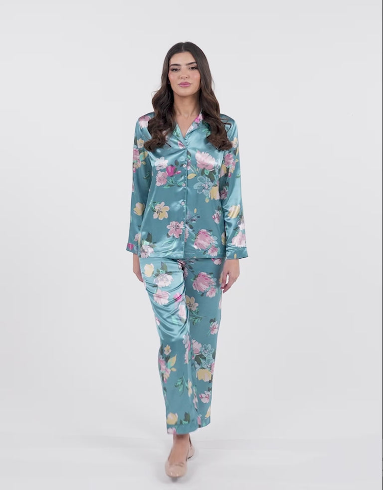 Satin Long-Sleeve Shirt with Pants Pajama Set in Blue