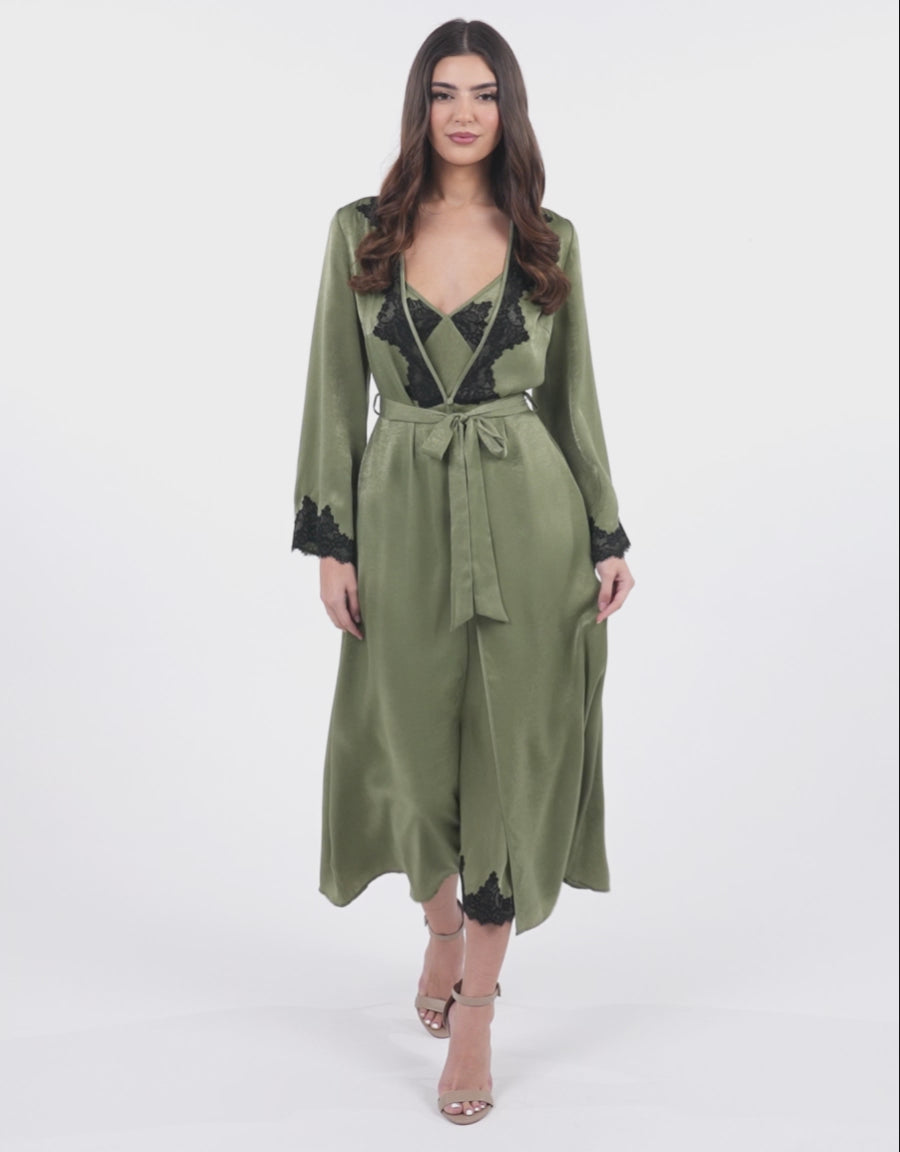 Satin Long Robe in Dark Green