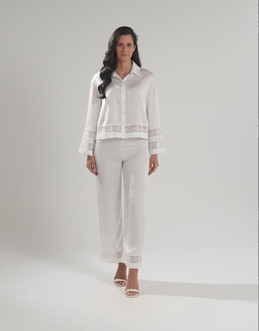 Lace-Trim Satin Bridal Pajama Set