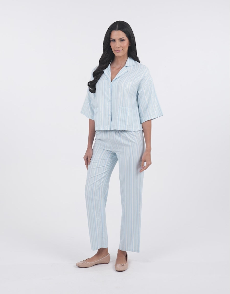 Midi-Sleeve Shirt with Pants Pajama Set in Blue