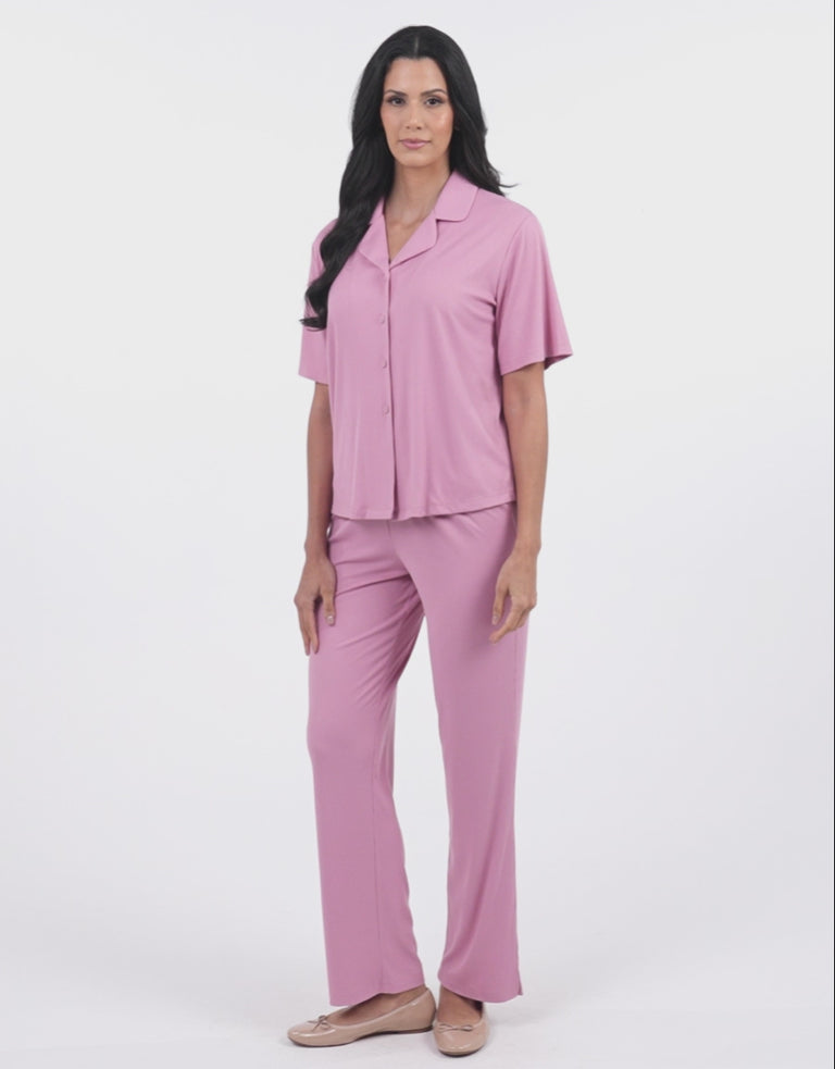 Ribbed Short-Sleeve Shirt with Pants Pajama Set in Pink